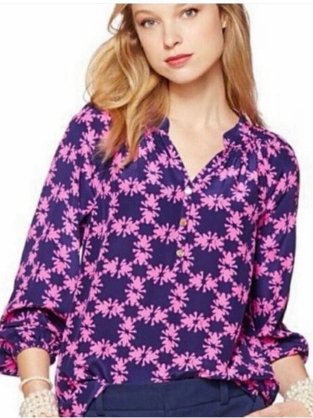 Lilly Pulitzer Elsa Top Blouse 100% Silk Get Hoppy size M